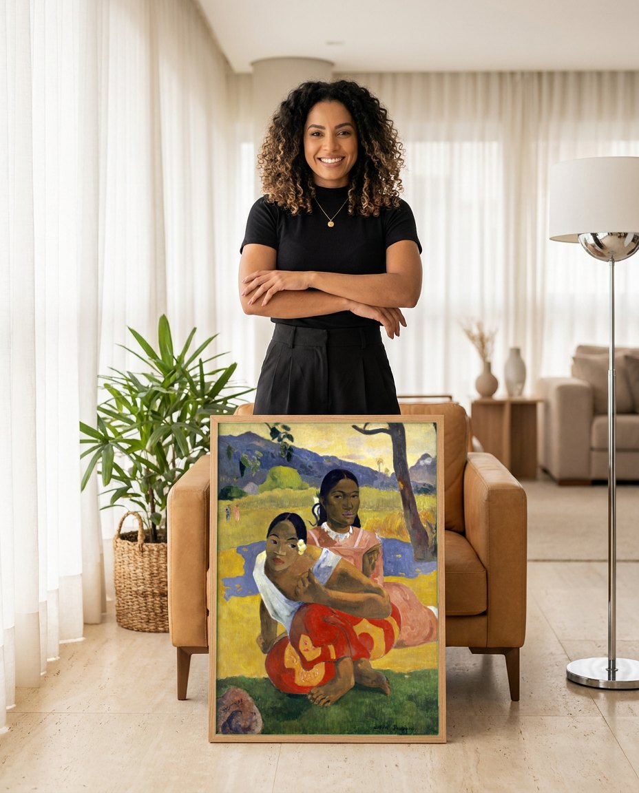 Quadro Decorativo Duas Mulheres Taitianas - Paul Gauguin | modelo apresentando o quadro emoldurado