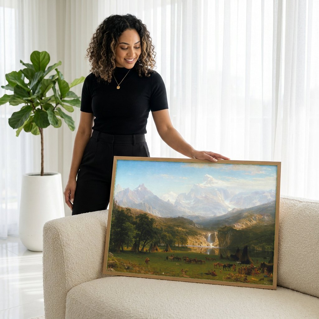 Quadro Decorativo 'The Rocky Mountains, Lander's Peak' - Albert Bierstadt | modelo apresentando o quadro emoldurado