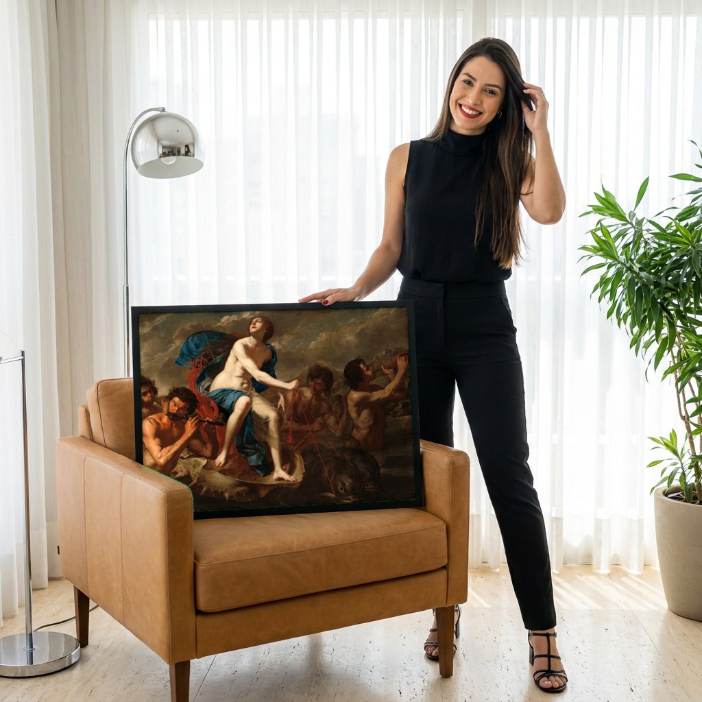 Quadro Decorativo 'Vênus e Cupido' (ou 'O Nascimento de Vênus') - Gentileschi | modelo apresentando o quadro emoldurado