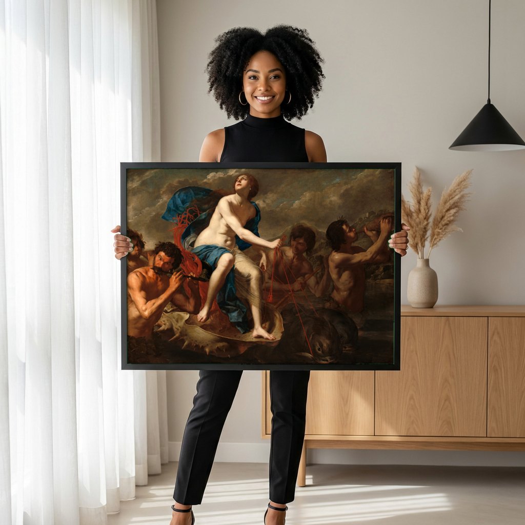 Quadro Decorativo 'Vênus e Cupido' (ou 'O Nascimento de Vênus') - Gentileschi | modelo apresentando o quadro emoldurado