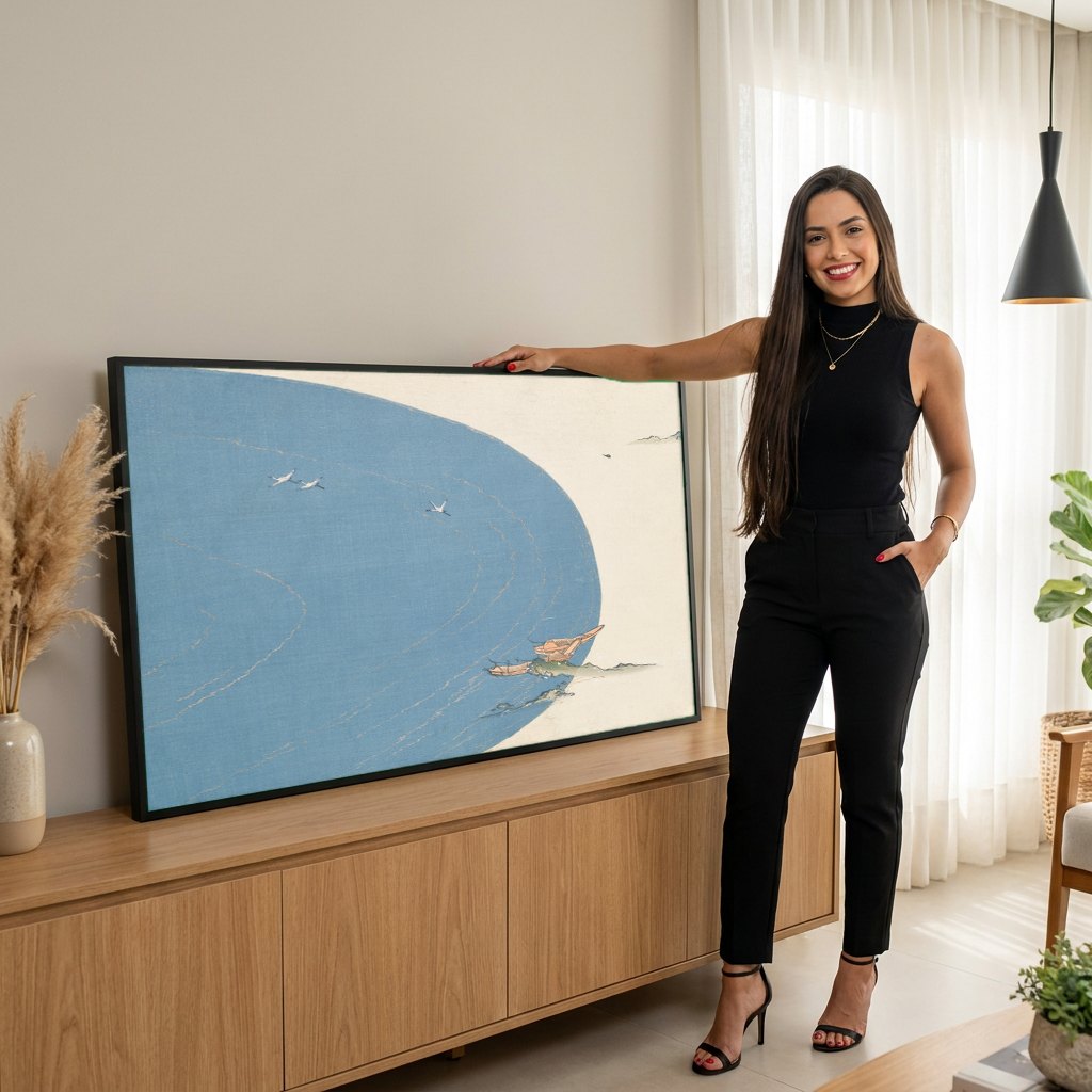 Quadro Decorativo Cenas de Mar com Garças - Kamisaka Sekka | modelo apresentando o quadro emoldurado