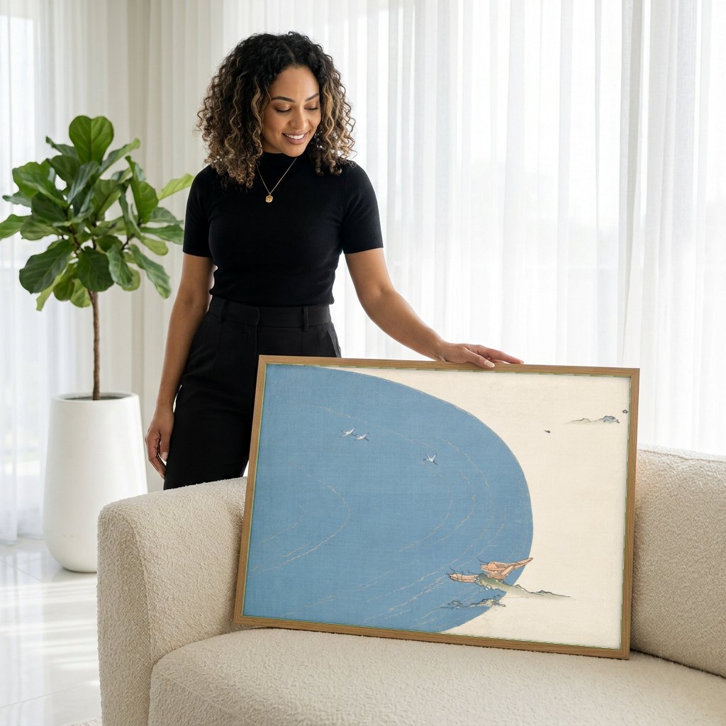 Quadro Decorativo Cenas de Mar com Garças - Kamisaka Sekka | modelo apresentando o quadro emoldurado