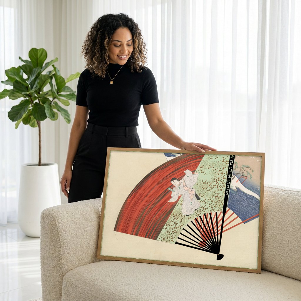 Quadro Decorativo Leque e Figuras - Kamisaka Sekka | modelo apresentando o quadro emoldurado