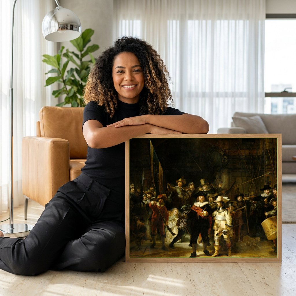 Quadro Decorativo A Ronda Noturna - Rembrandt | modelo apresentando o quadro emoldurado