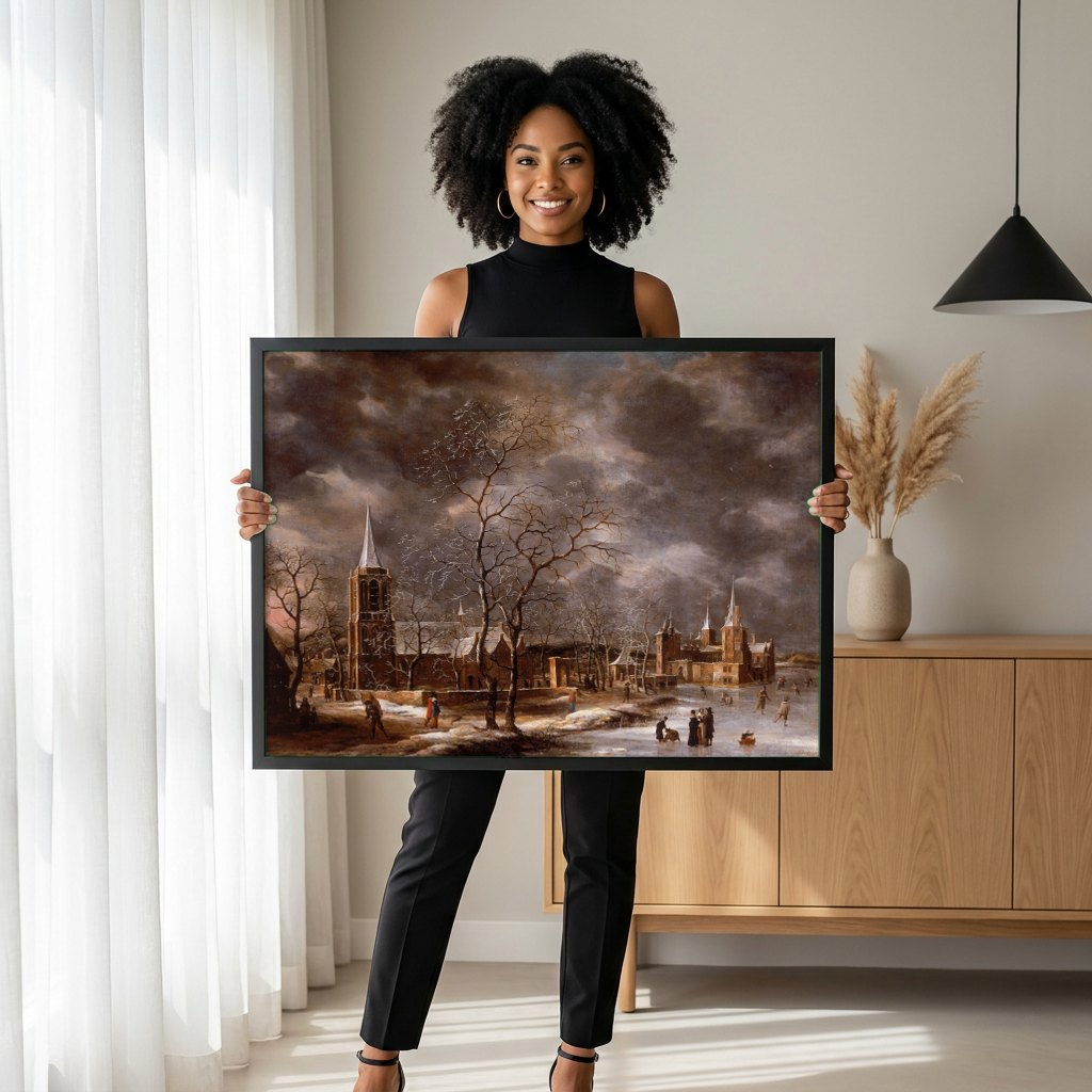 Quadro Decorativo Paisagem de Inverno - Jan Abrahamsz Beerstraaten | modelo apresentando o quadro emoldurado