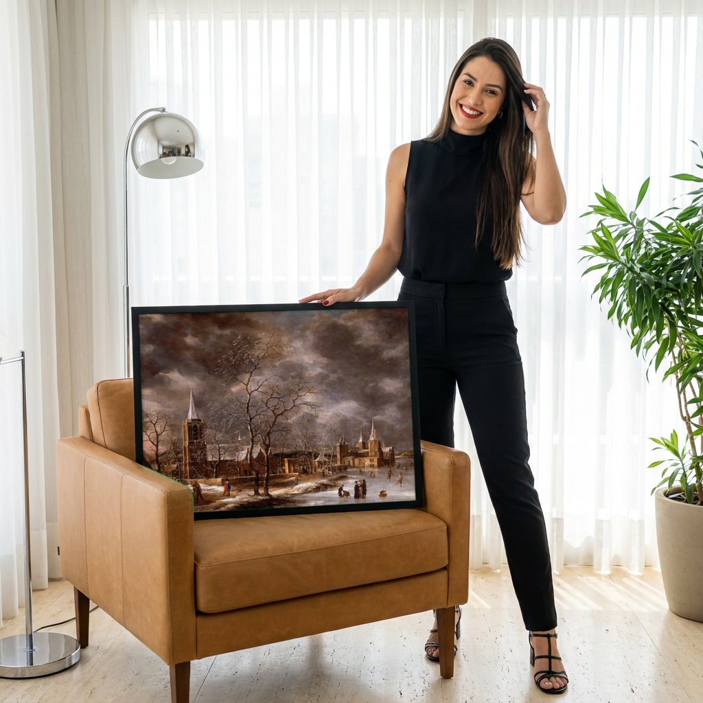 Quadro Decorativo Paisagem de Inverno - Jan Abrahamsz Beerstraaten | modelo apresentando o quadro emoldurado