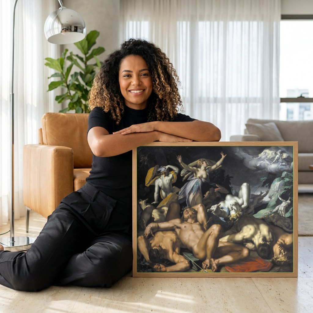 Quadro Decorativo A Queda dos Titãs - Abraham Bloemaert | modelo apresentando o quadro emoldurado