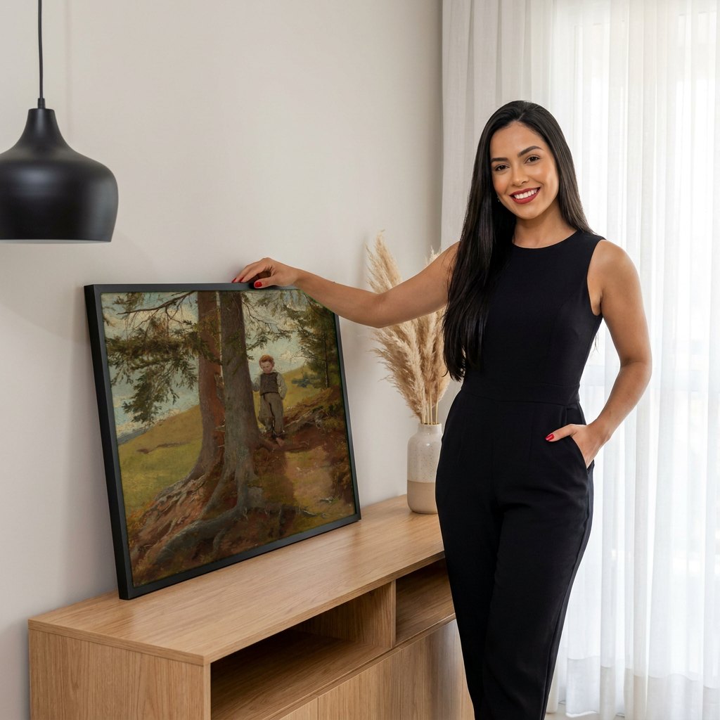 Quadro Decorativo Criança na Floresta - Hans Thoma | modelo apresentando o quadro emoldurado