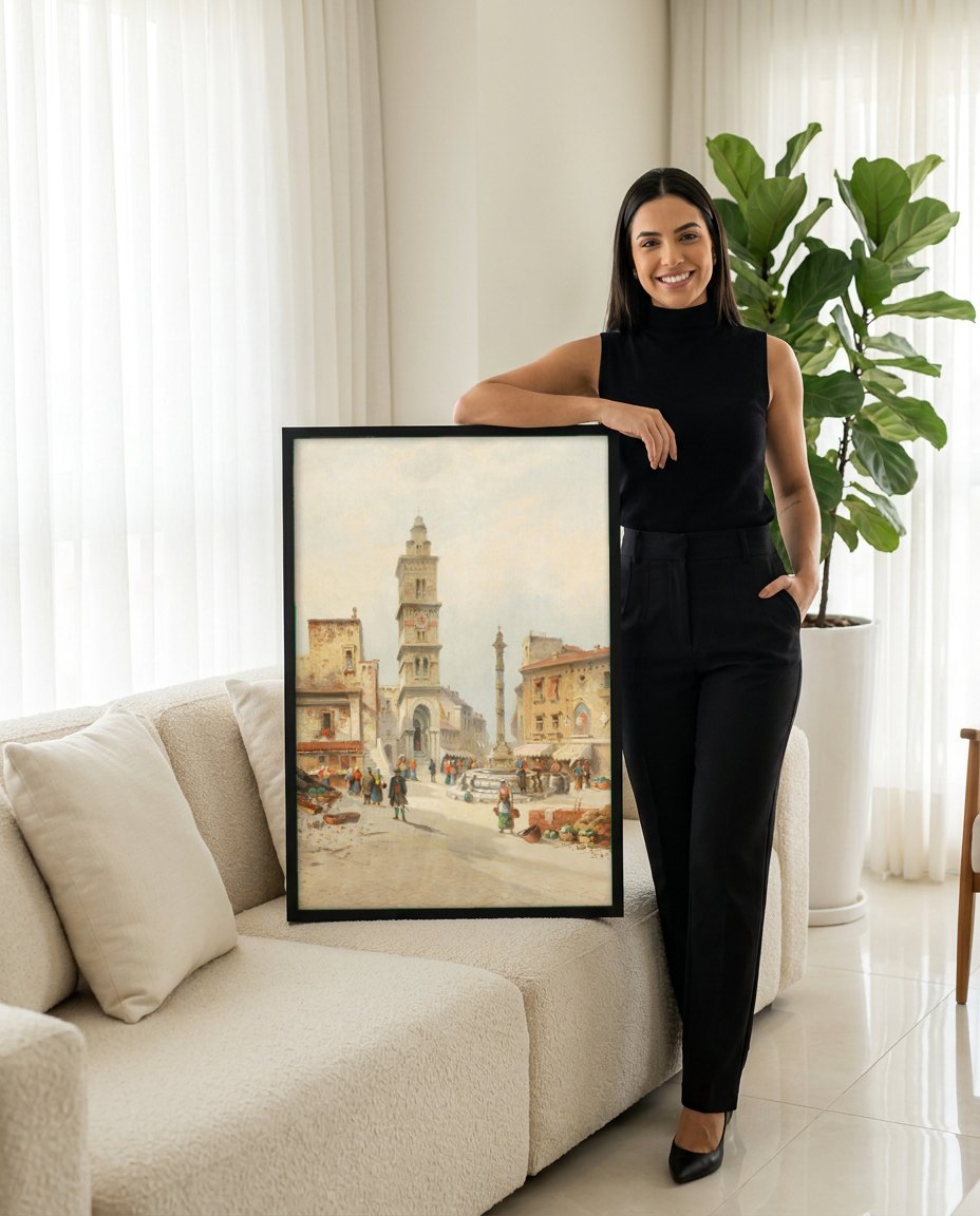 Quadro Decorativo Cena de Mercado Italiano - Karl Kaufmann | modelo apresentando o quadro emoldurado