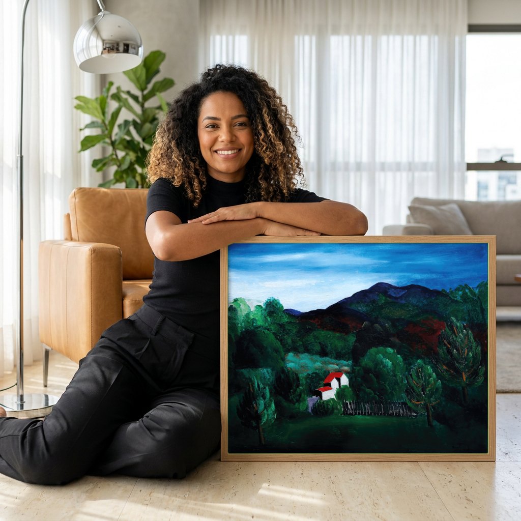 Quadro Decorativo Campo com Casa Branca - Moïse Kisling | modelo apresentando o quadro emoldurado