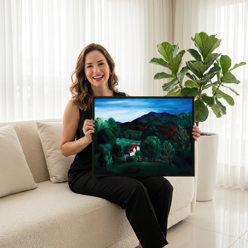 Quadro Decorativo Campo com Casa Branca - Moïse Kisling | modelo apresentando o quadro emoldurado