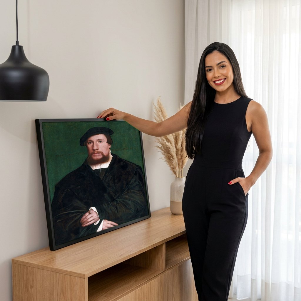 Quadro Decorativo Retrato de um Homem - Hans Holbein | modelo apresentando o quadro emoldurado