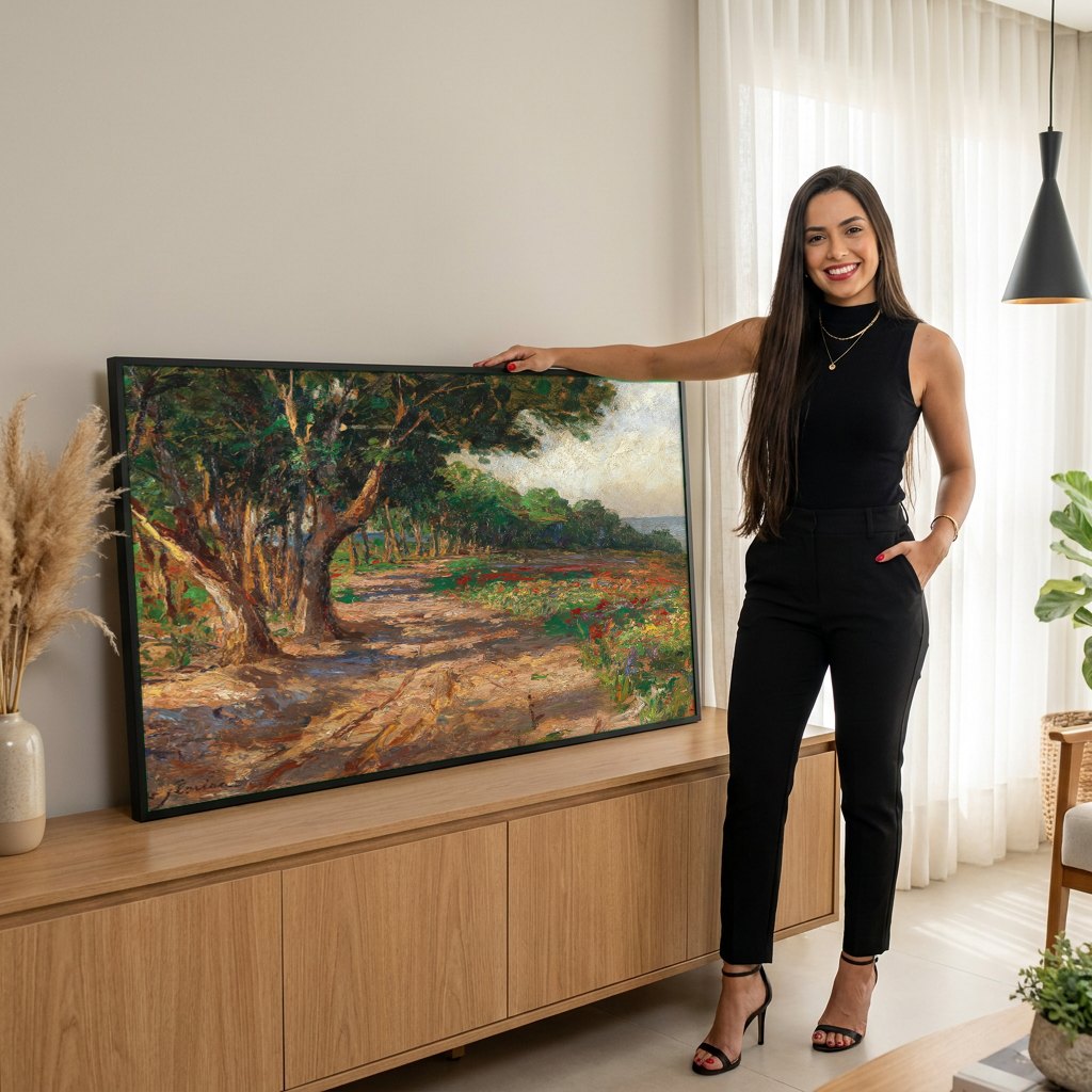 Quadro Decorativo Campo Florido à Beira-Mar - Olga Wisinger-Florian | modelo apresentando o quadro emoldurado