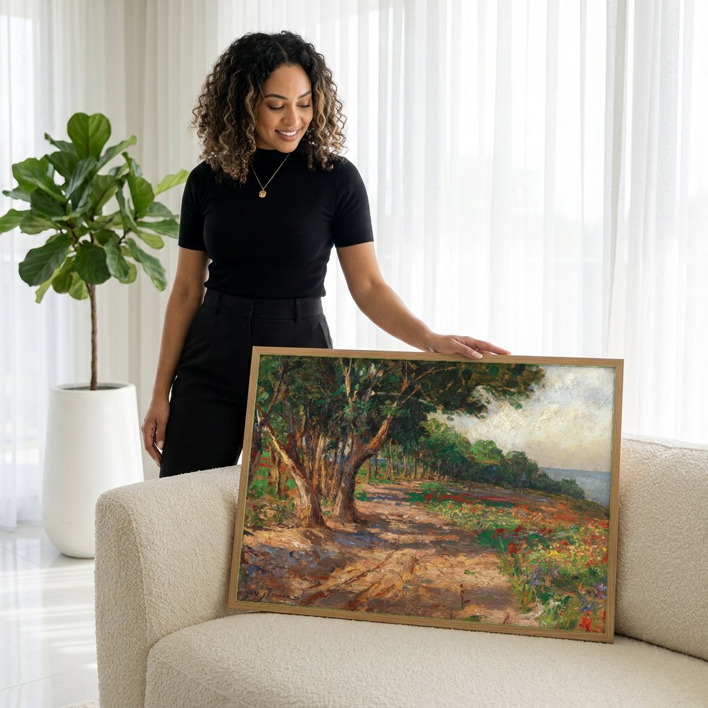 Quadro Decorativo Campo Florido à Beira-Mar - Olga Wisinger-Florian | modelo apresentando o quadro emoldurado