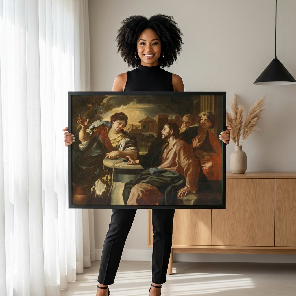 Quadro Decorativo Jesus e a Mulher de Samaria - Francesco Solimena | modelo apresentando o quadro emoldurado