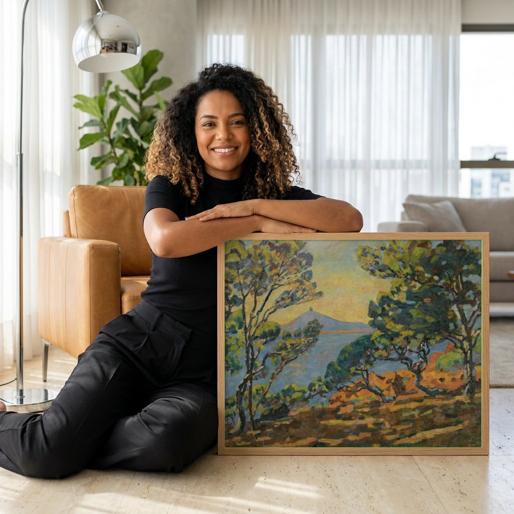 Quadro Decorativo Paisagem Costeira - Armand Guillaumin | modelo apresentando o quadro emoldurado