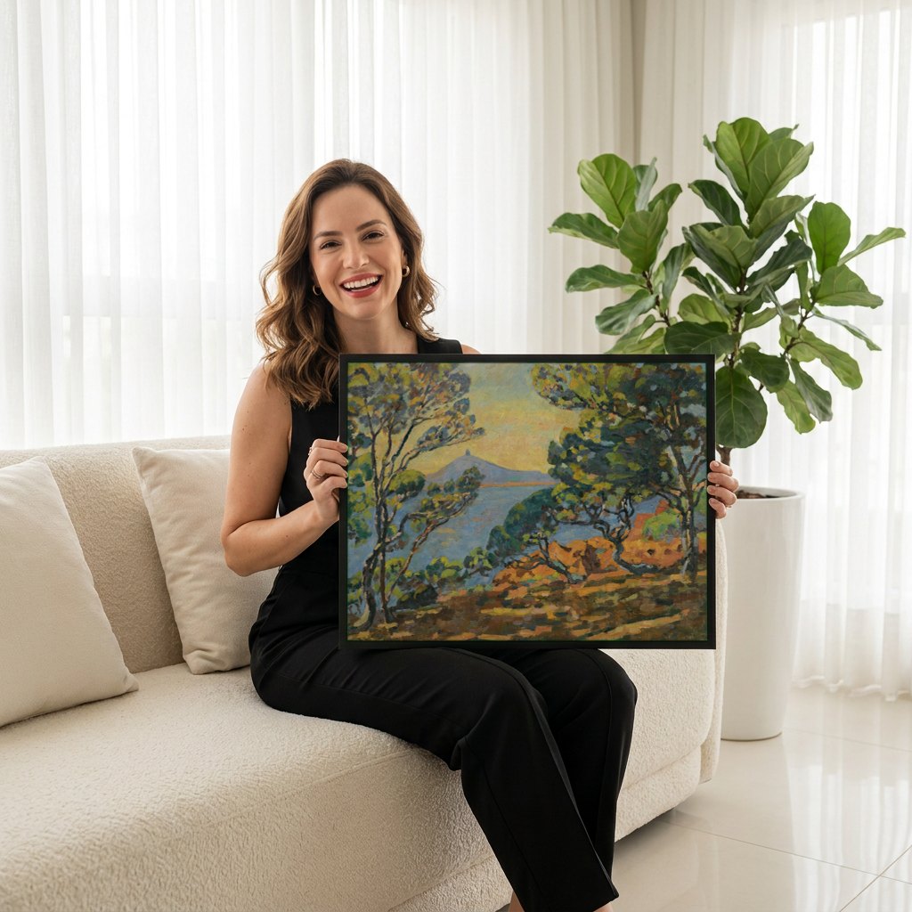 Quadro Decorativo Paisagem Costeira - Armand Guillaumin | modelo apresentando o quadro emoldurado