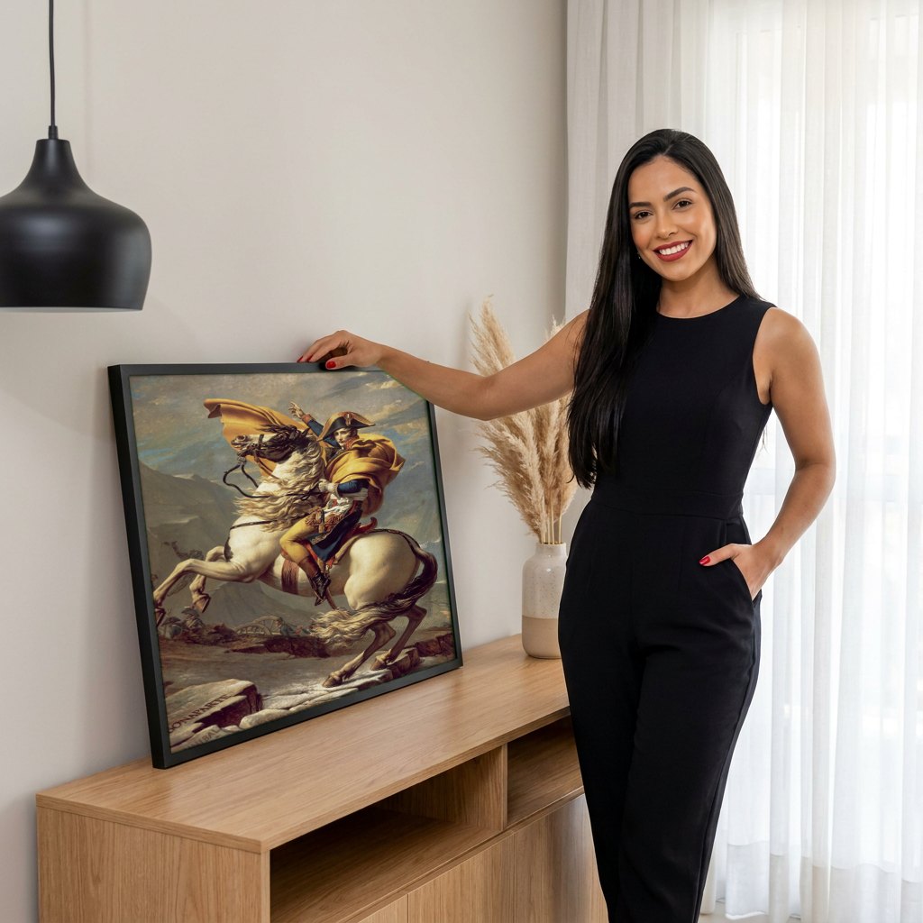 Quadro Decorativo Napoleão Cruzando os Alpes - Jacques-Louis David | modelo apresentando o quadro emoldurado