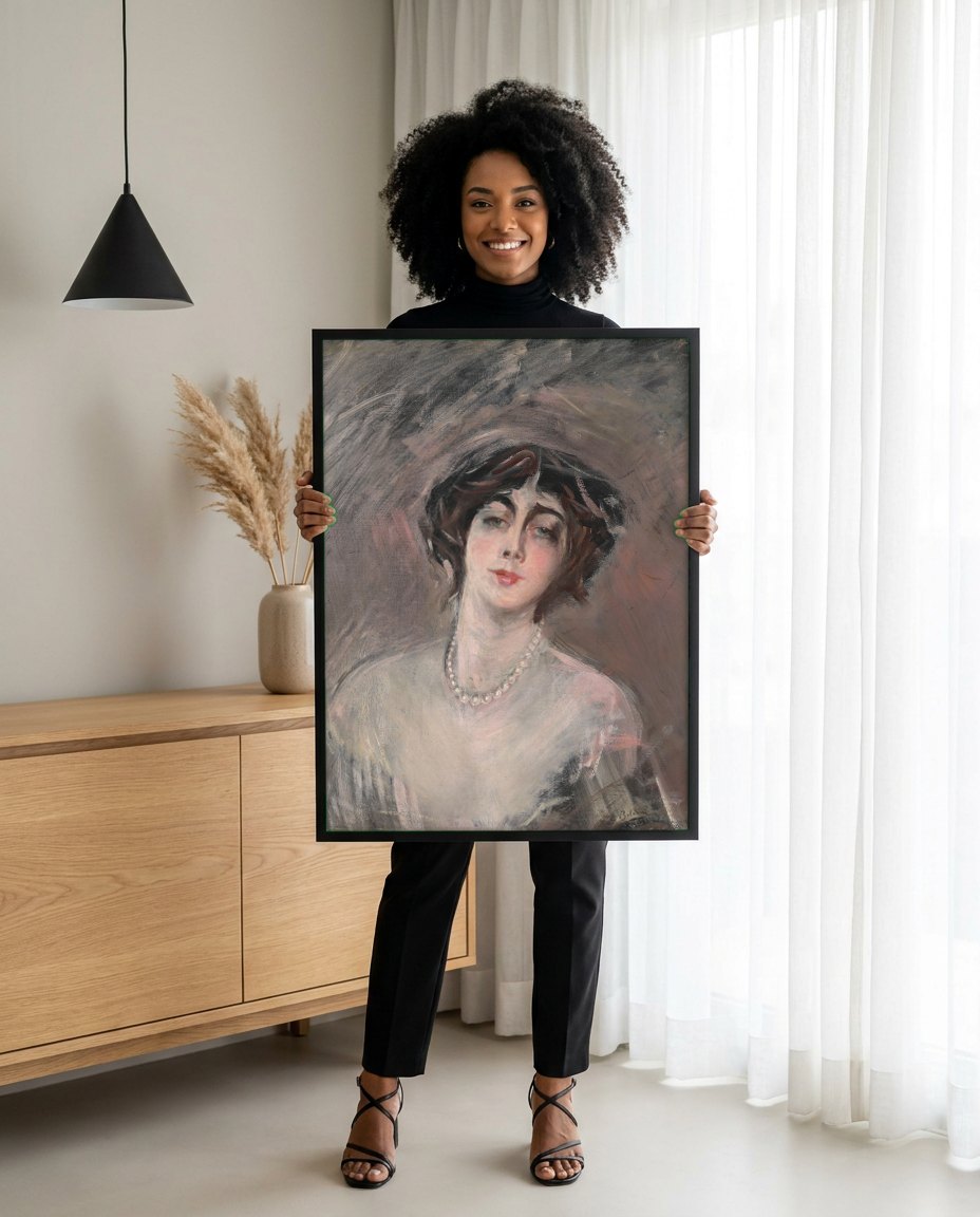 Quadro Decorativo Retrato Feminino Elegante - Boldini | modelo apresentando o quadro emoldurado