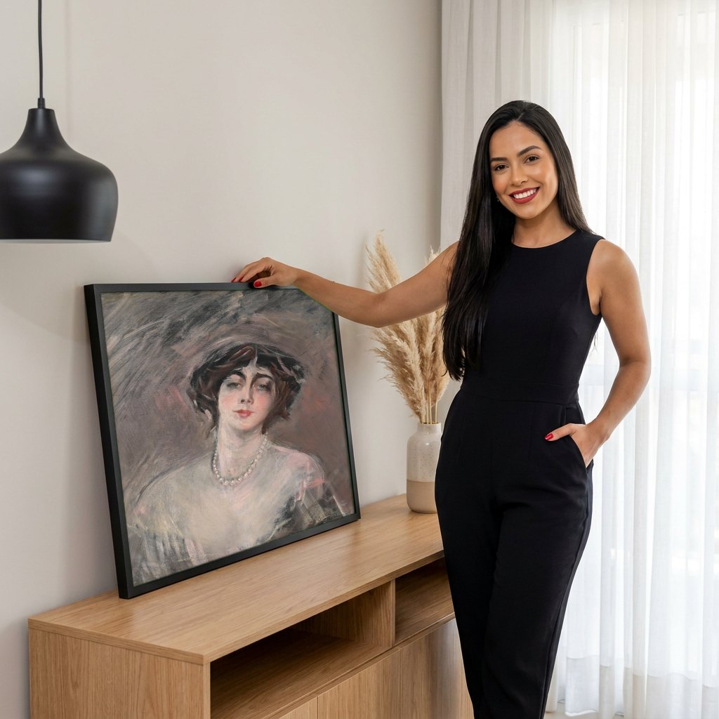 Quadro Decorativo Retrato Feminino Elegante - Boldini | modelo apresentando o quadro emoldurado