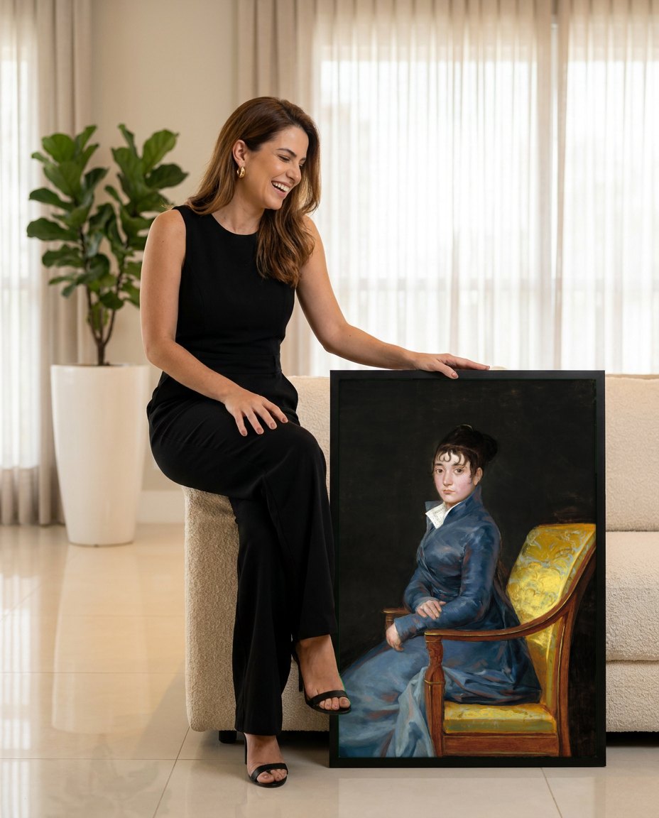 Quadro Decorativo A Dama de Azul - Goya | modelo apresentando o quadro emoldurado