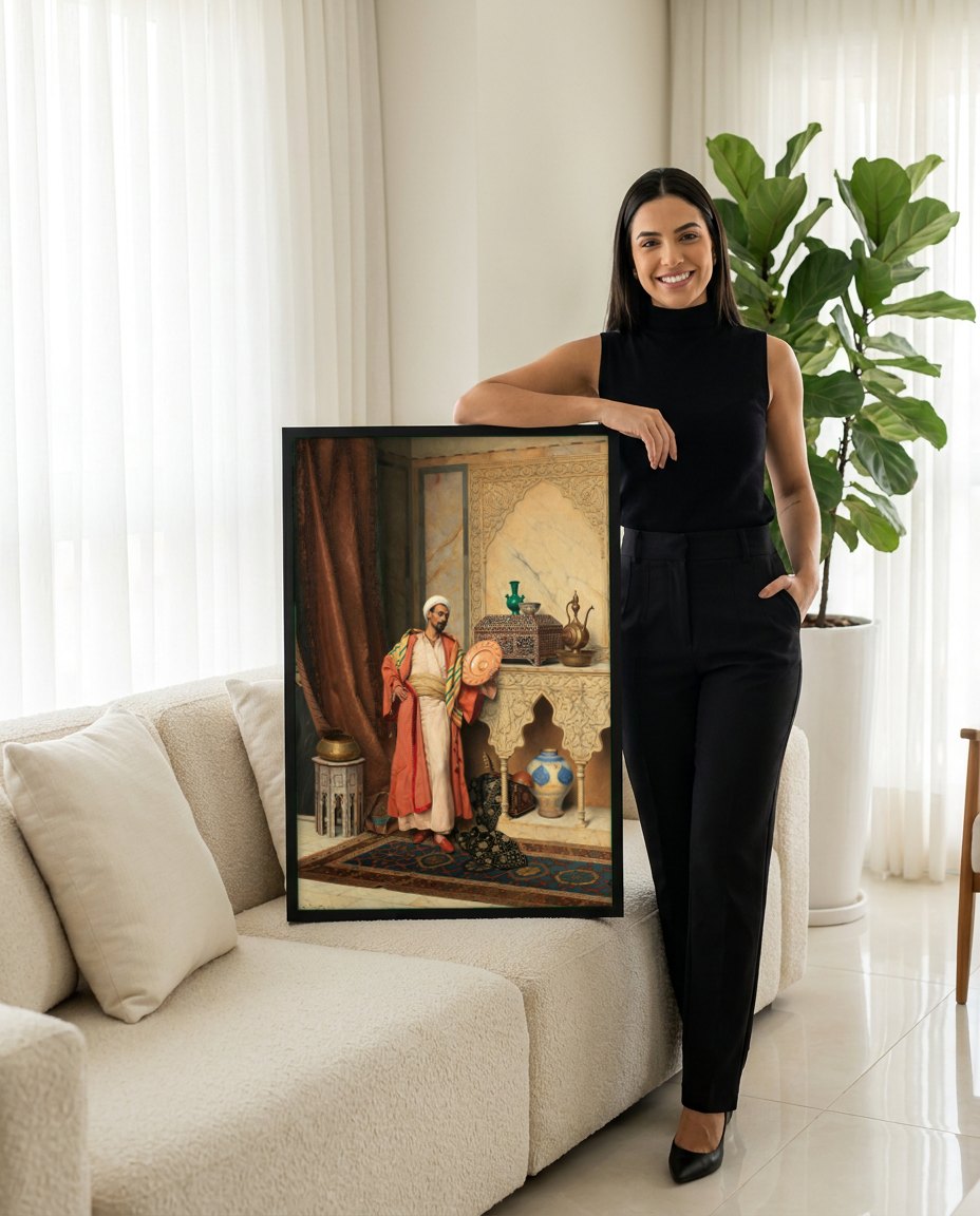 Quadro Decorativo O Vendedor de Cerâmica - Ludwig Deutsch | modelo apresentando o quadro emoldurado