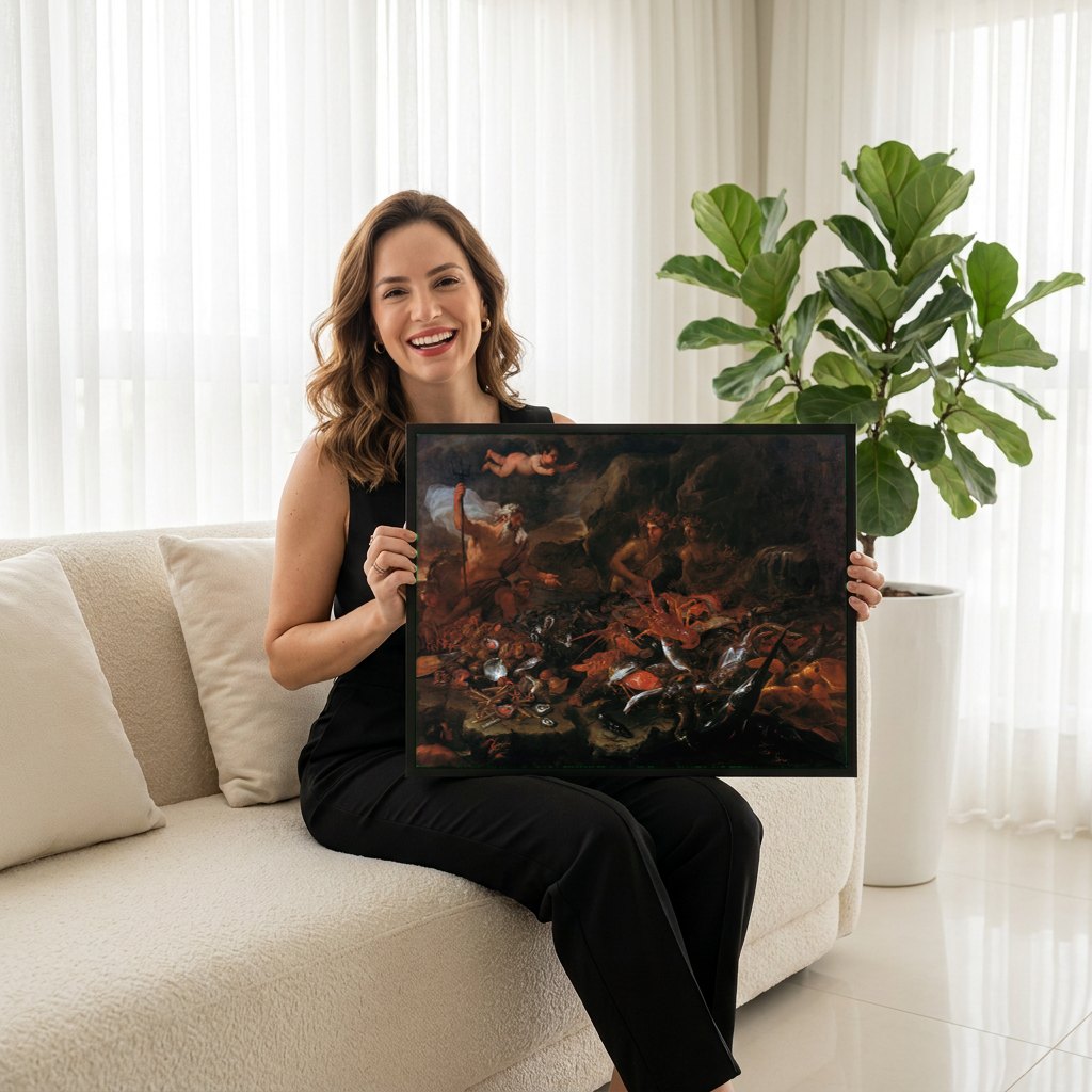 Quadro Decorativo O Reino de Netuno - Luca Giordano | modelo apresentando o quadro emoldurado