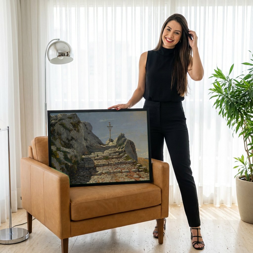 Quadro Decorativo Escadaria na Montanha - Albert Bierstadt | modelo apresentando o quadro emoldurado