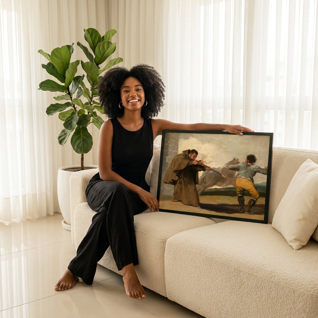 Quadro Decorativo A Caçada ao Touro - Goya | modelo apresentando o quadro emoldurado