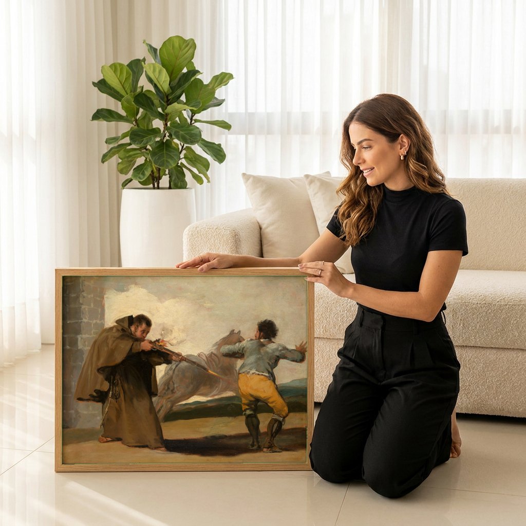 Quadro Decorativo A Caçada ao Touro - Goya | modelo apresentando o quadro emoldurado