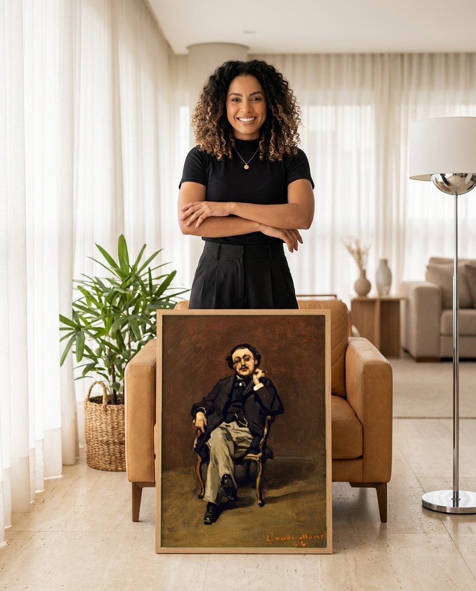 Quadro Decorativo Homem com Monoculo - Claude Monet | modelo apresentando o quadro emoldurado