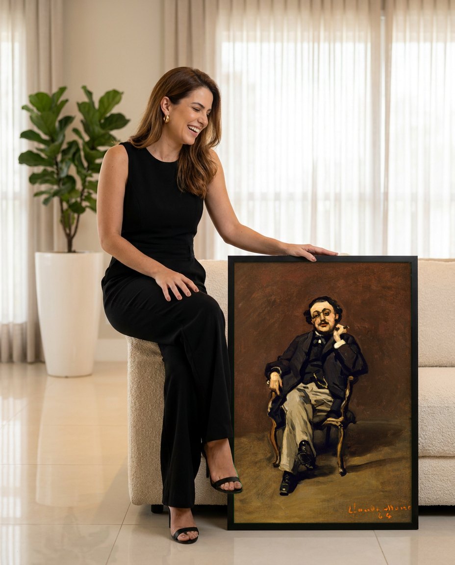 Quadro Decorativo Homem com Monoculo - Claude Monet | modelo apresentando o quadro emoldurado