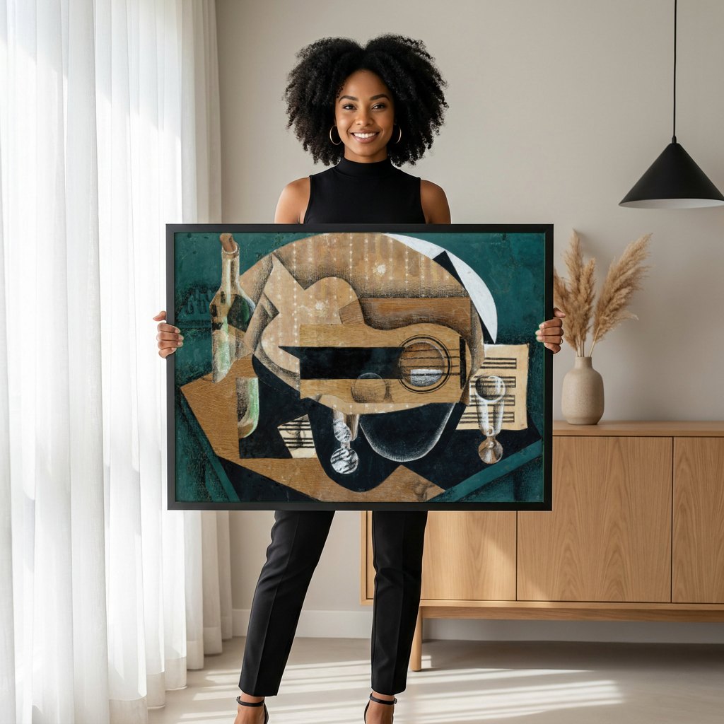 Quadro Decorativo Guitarra e Garrafa - Juan Gris | modelo apresentando o quadro emoldurado