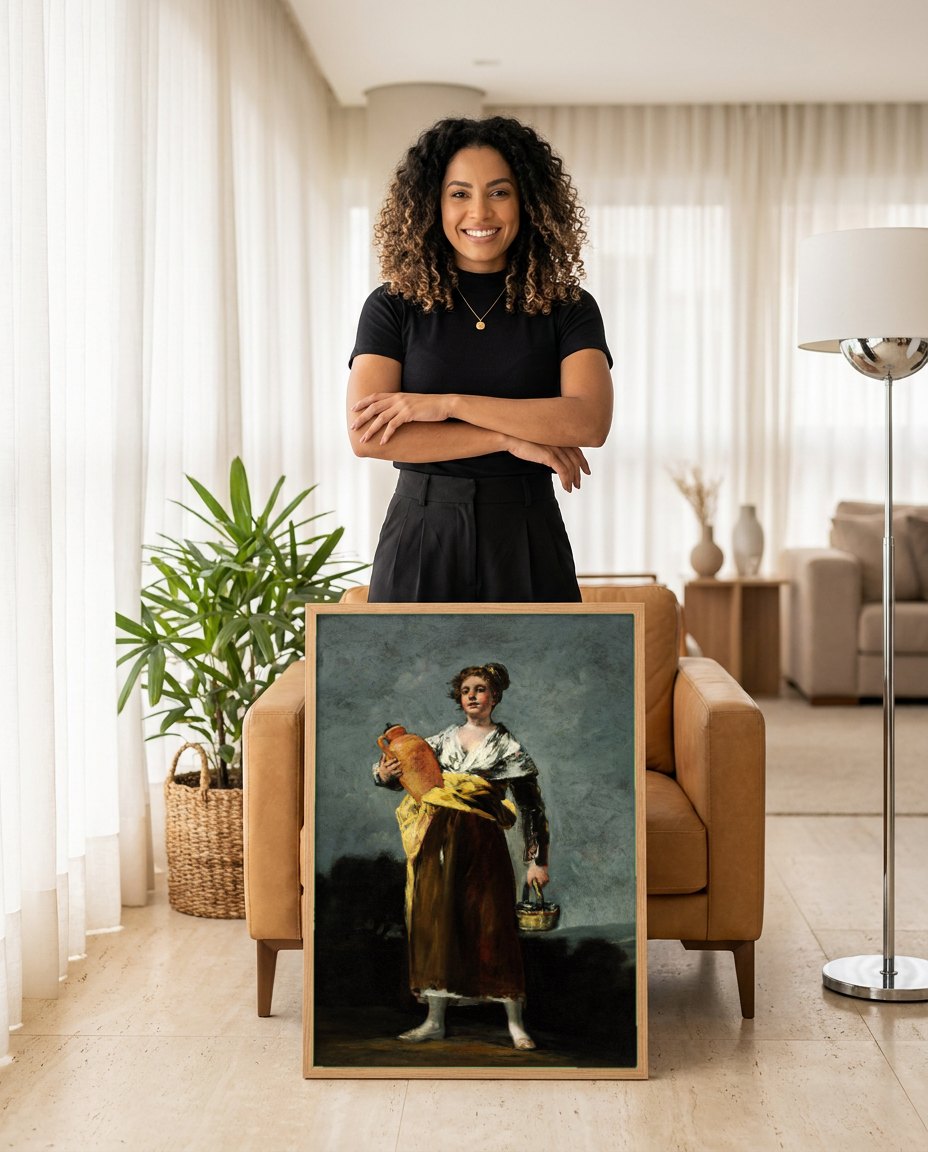 Quadro Decorativo A Aguadora - Goya | modelo apresentando o quadro emoldurado