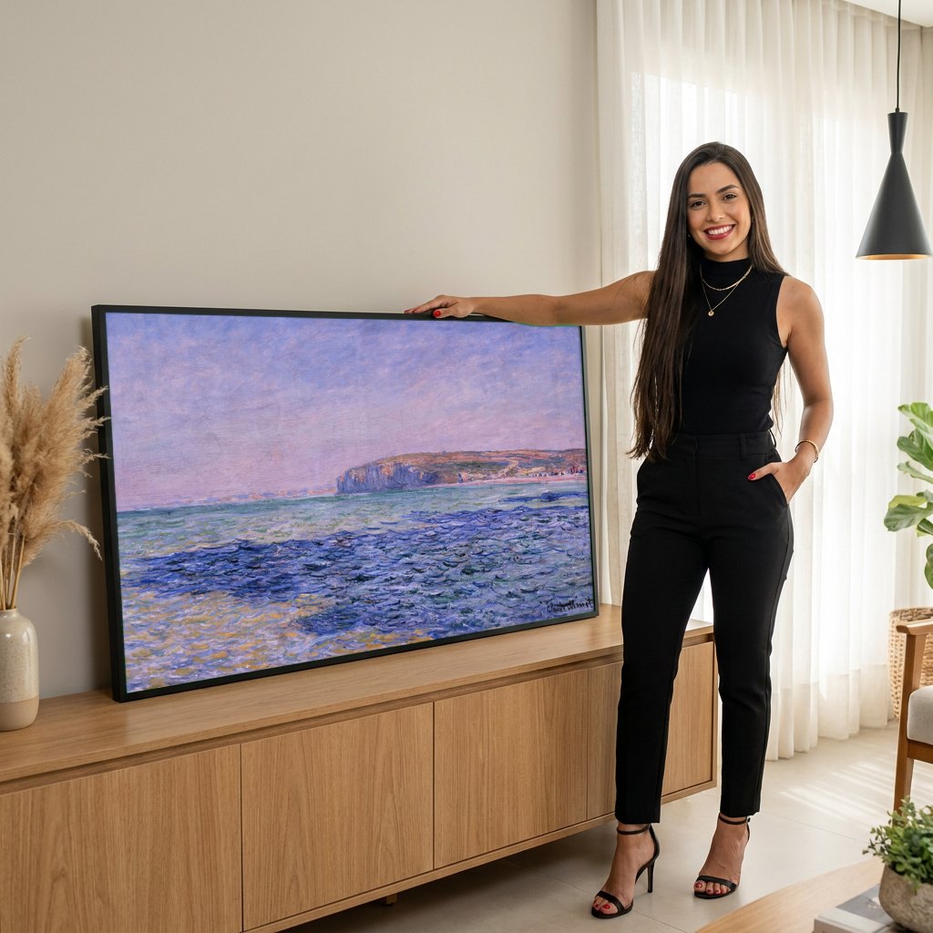 Quadro Decorativo Praia em Pourville - Claude Monet | modelo apresentando o quadro emoldurado