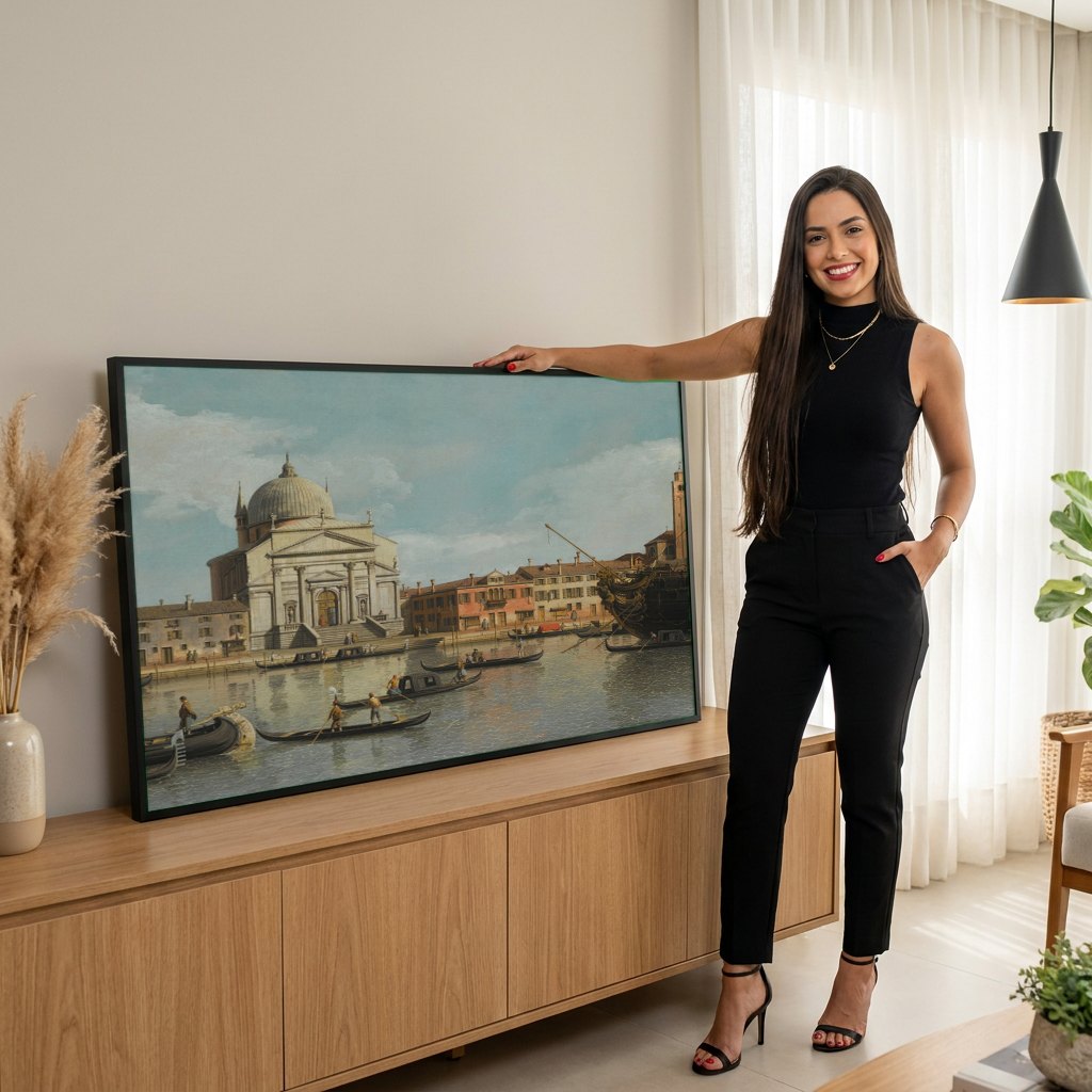 Quadro Decorativo Canal Grande com Santa Maria della Salute - Canaletto | modelo apresentando o quadro emoldurado