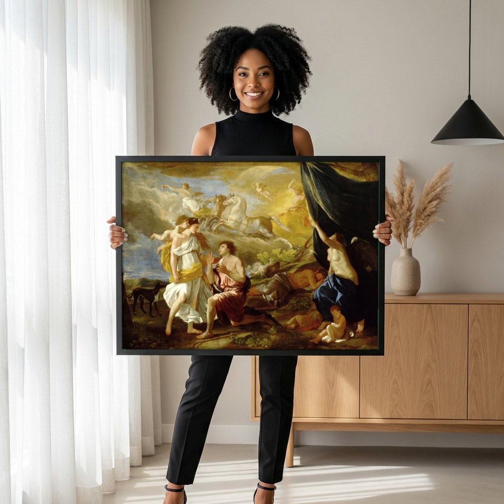 Quadro Decorativo Aurora e Céfalo - Nicolas Poussin | modelo apresentando o quadro emoldurado