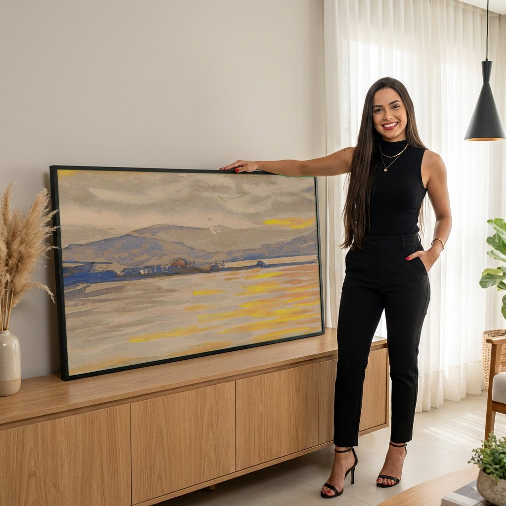 Quadro Decorativo Porto ao Entardecer - Paul Signac | modelo apresentando o quadro emoldurado