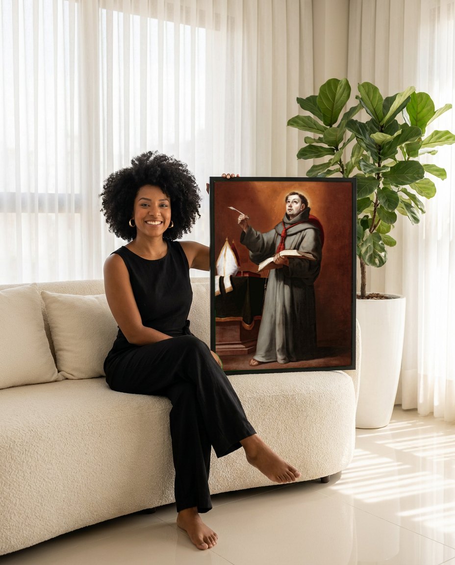 Quadro Decorativo Santo com Livro e Pena - Murillo | modelo apresentando o quadro emoldurado