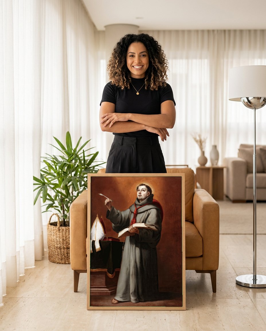 Quadro Decorativo Santo com Livro e Pena - Murillo | modelo apresentando o quadro emoldurado