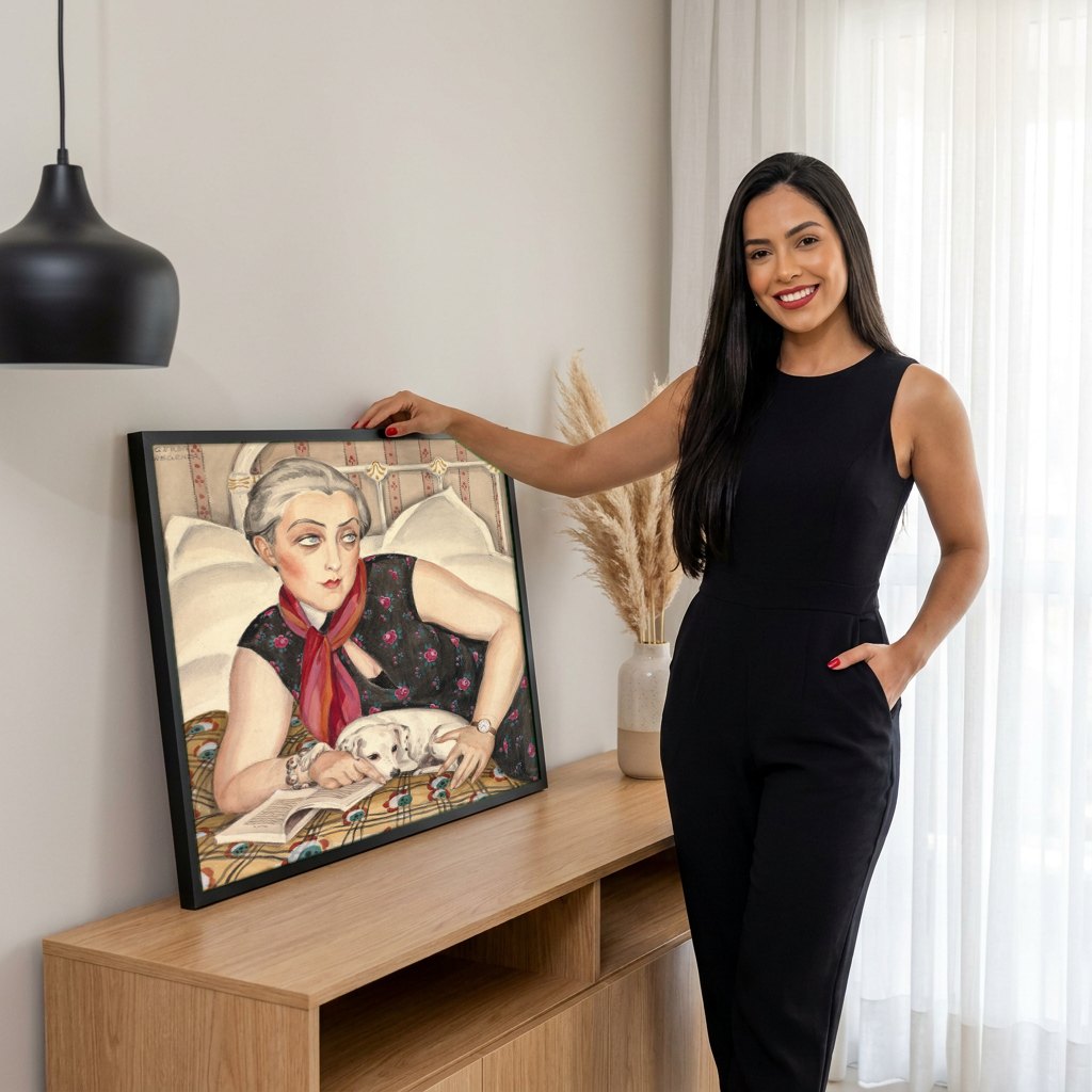 Quadro Decorativo Senhora com Cão - Gerda Wegener | modelo apresentando o quadro emoldurado