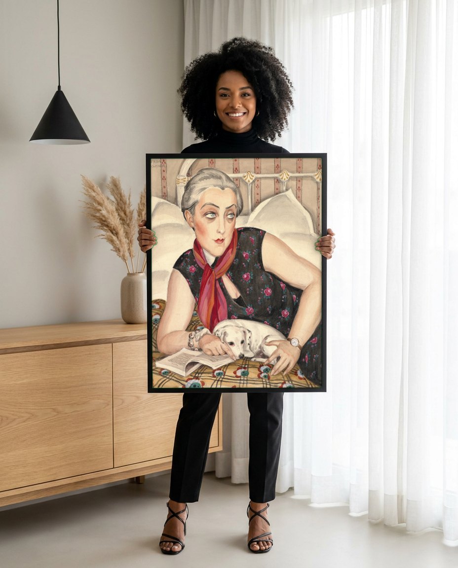 Quadro Decorativo Senhora com Cão - Gerda Wegener | modelo apresentando o quadro emoldurado