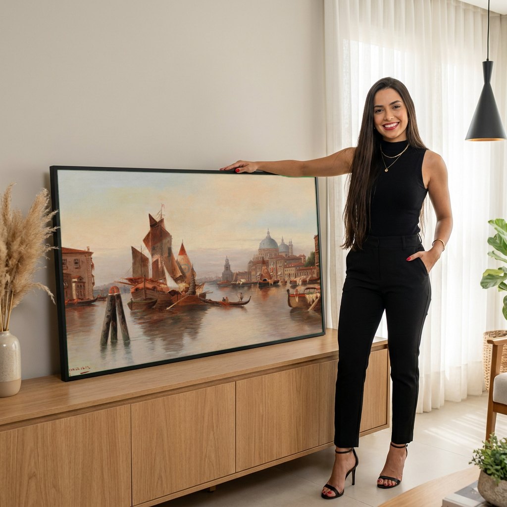 Quadro Decorativo Canal Grande em Veneza - Karl Kaufmann | modelo apresentando o quadro emoldurado