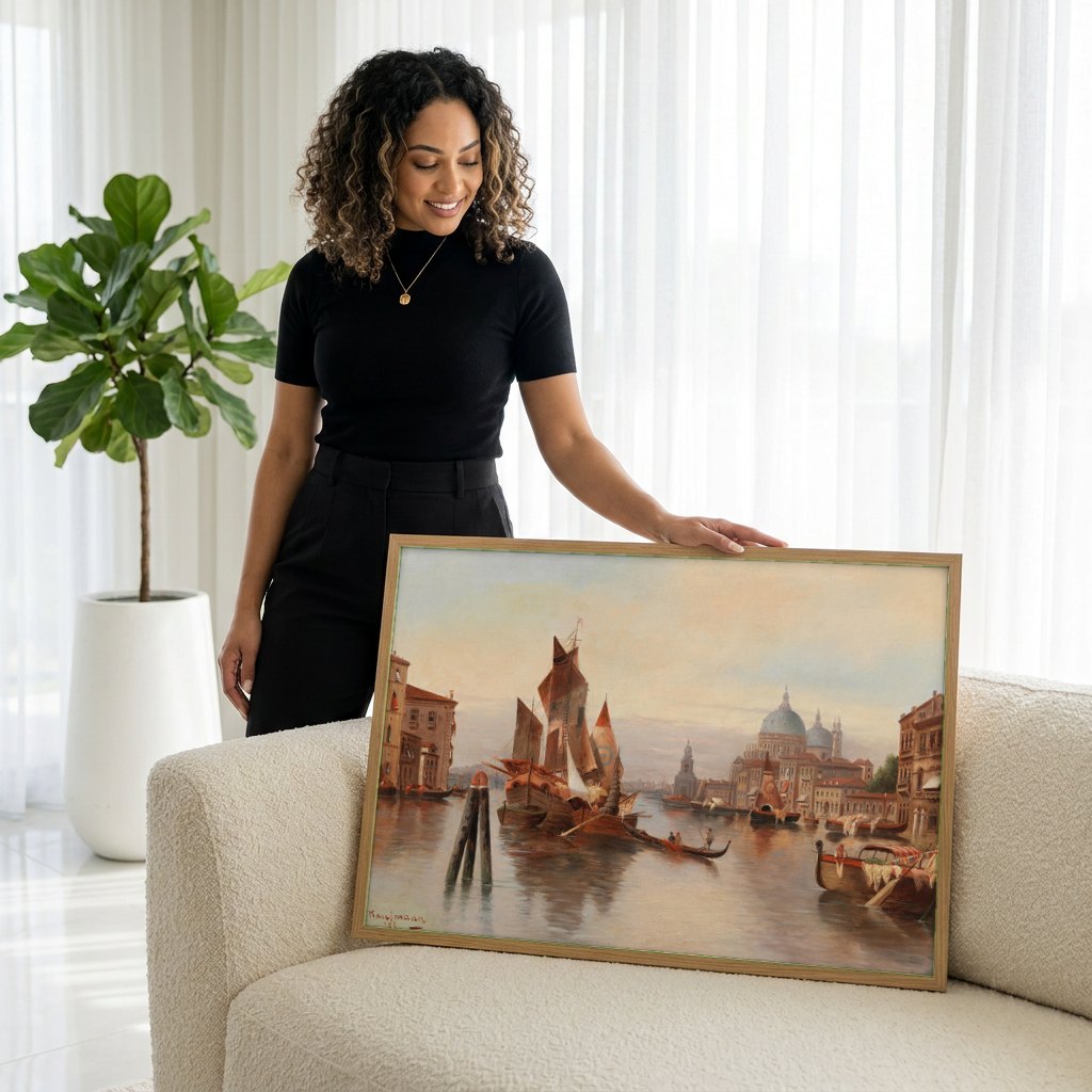 Quadro Decorativo Canal Grande em Veneza - Karl Kaufmann | modelo apresentando o quadro emoldurado