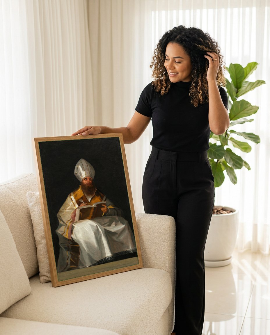 Quadro Decorativo Santo Escrevendo - Goya | modelo apresentando o quadro emoldurado