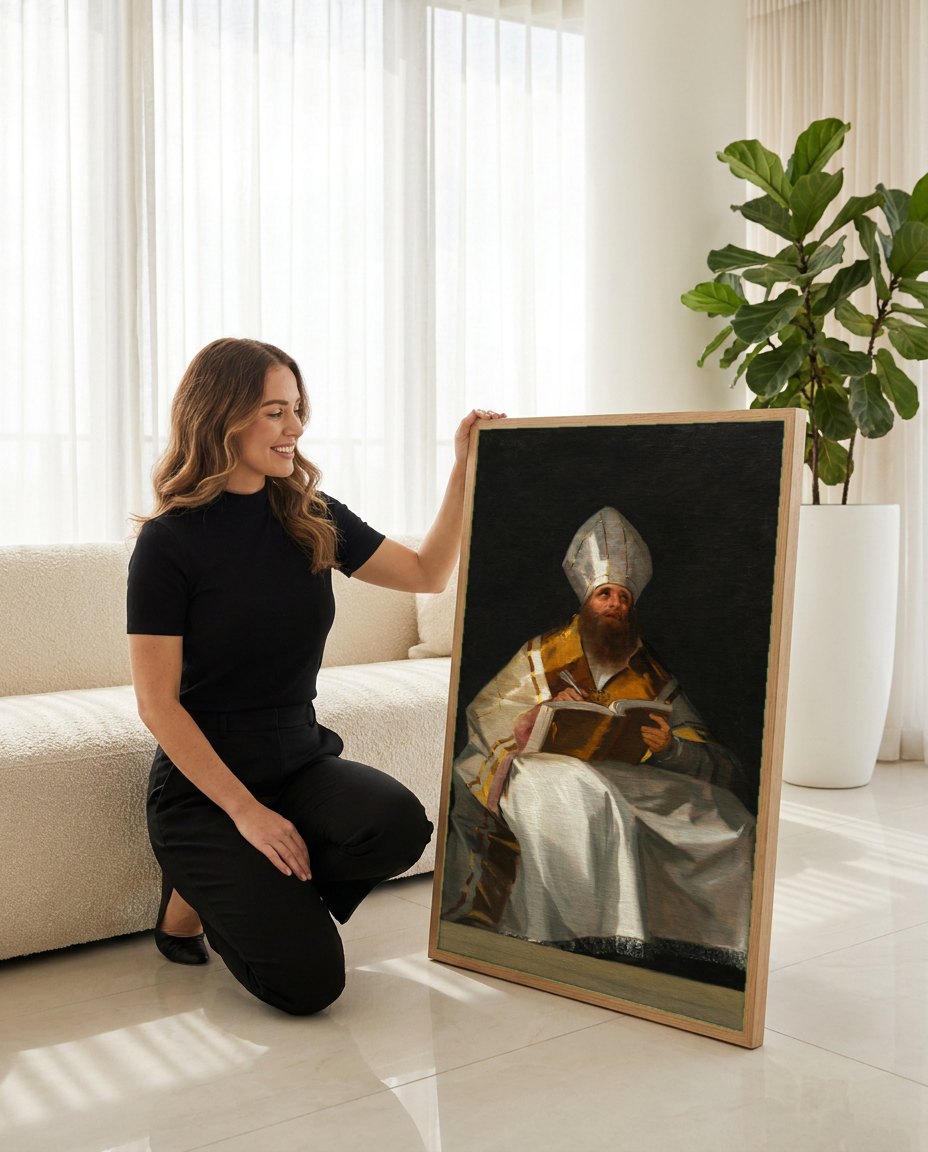 Quadro Decorativo Santo Escrevendo - Goya | modelo apresentando o quadro emoldurado