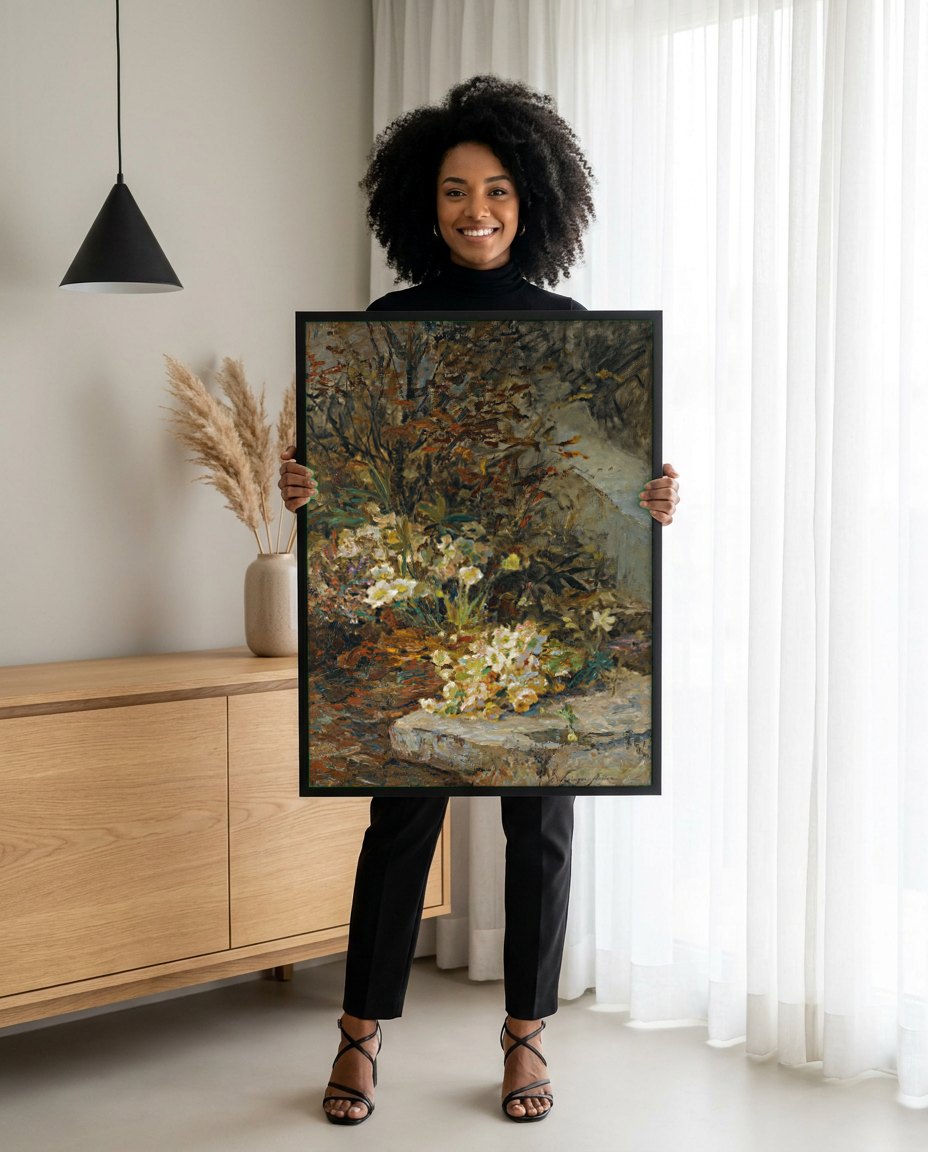 Quadro Decorativo Flores de Inverno - Olga Wisinger-Florian | modelo apresentando o quadro emoldurado
