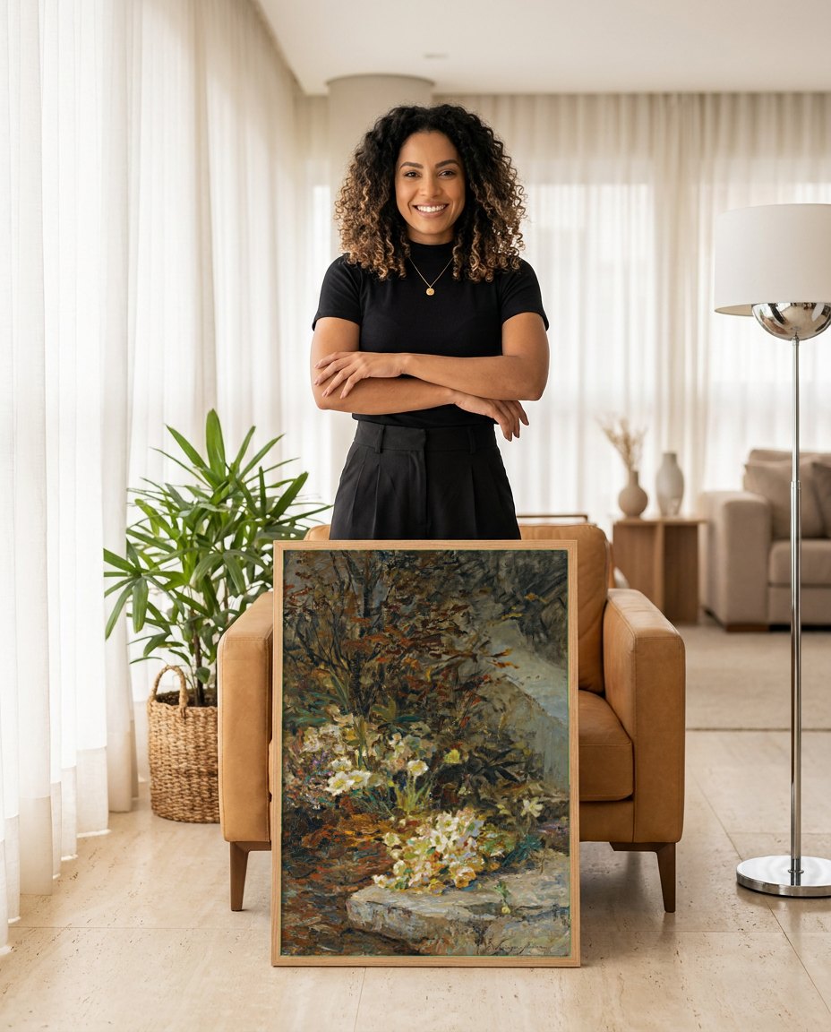 Quadro Decorativo Flores de Inverno - Olga Wisinger-Florian | modelo apresentando o quadro emoldurado