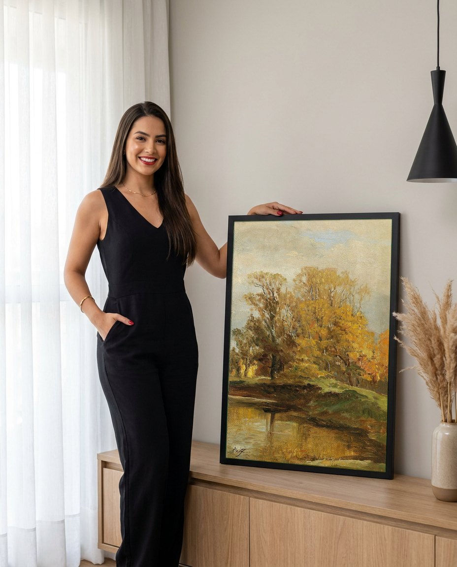 Quadro Decorativo Paisagem Outonal - Olga Wisinger-Florian | modelo apresentando o quadro emoldurado