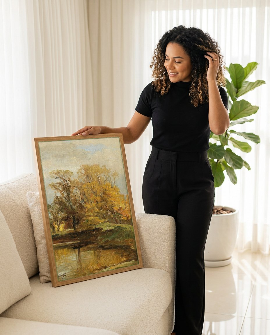 Quadro Decorativo Paisagem Outonal - Olga Wisinger-Florian | modelo apresentando o quadro emoldurado